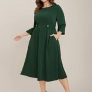 Plain Round Neck Pocket Button Detail Flutter Midi Dress Dark Green / 10/M